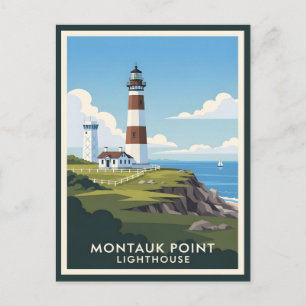 Cartão Postal Farol de Montauk Point, Falésia Costeira & Velero