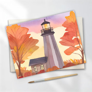 Cartão Postal Farol de Outono   Aquarela de Folhagem de Outono