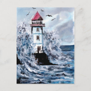 Cartão Postal Farol e Watercolor de tempestade