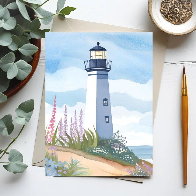 Cartão Postal Farol em Bloom | Coaster Watercolor Floral (Criador carregado)