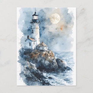 Cartão Postal Farol Iluminado pelo Luar na Costa Rochosa
