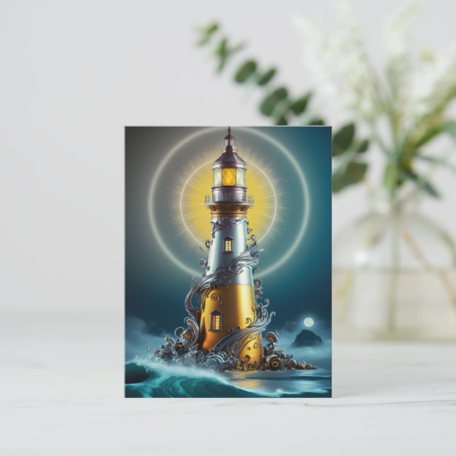 Cartão Postal Farol luminoso em meio a ondas (Em pé/Frente)