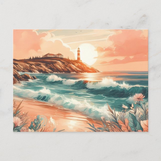 Cartão Postal Farol Sunset Ocean Beach Boho Floral (Frente)