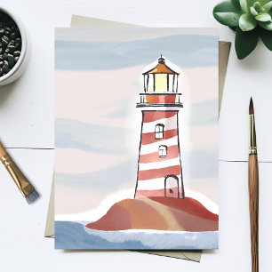Cartão Postal Farol Vermelho e Branco   Aquarela do Oceano Praia