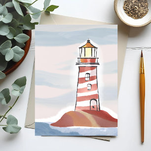 Cartão Postal Farol Vermelho e Branco Beachy Ocean Watercolor