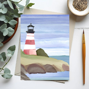 Cartão Postal Farol Vermelho   Pintura em Aquarela do Oceano Cos