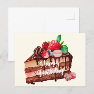 Cartão Postal Fatia de Bolo de Chocolate com Morango de Aniversá