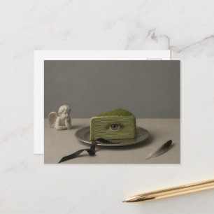 Cartão Postal Fatia Surrealista de Bolo de Matcha Com Olho
