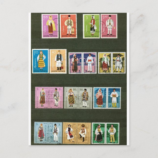 Cartão Postal Fatos folclóricos romenos em selos (Frente)