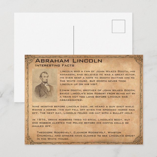 Cartão Postal Fatos Interessantes Sobre Abraham Lincoln (Frente/Verso)