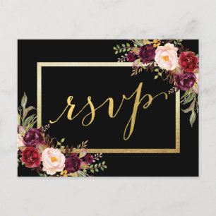 Cartão Postal Faux Gold Foil Burgundy Floral Black Weding RSVP