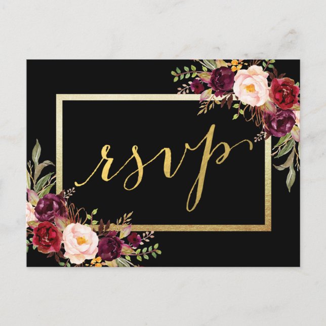 Cartão Postal Faux Gold Foil Burgundy Floral Black Weding RSVP (Frente)