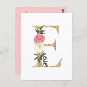 Cartão Postal Faux Gold Foil - Letra E Blush Monograma Floral