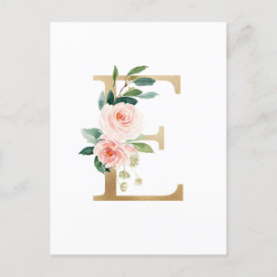 Cartão Postal Faux Gold Foil - Letra E Blush Monograma Floral