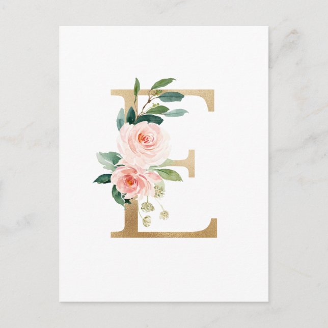 Cartão Postal Faux Gold Foil - Letra E Blush Monograma Floral (Frente)