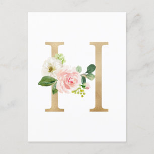 Cartão Postal Faux Gold Foil - Letra H Blush Monograma Floral