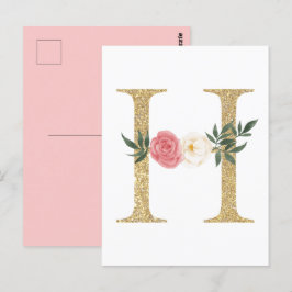 Cartão Postal Faux Gold Foil - Letra H Blush Monograma Floral