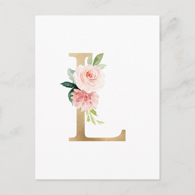 Cartão Postal Faux Gold Foil - Letra L Blush Monograma Floral (Frente)