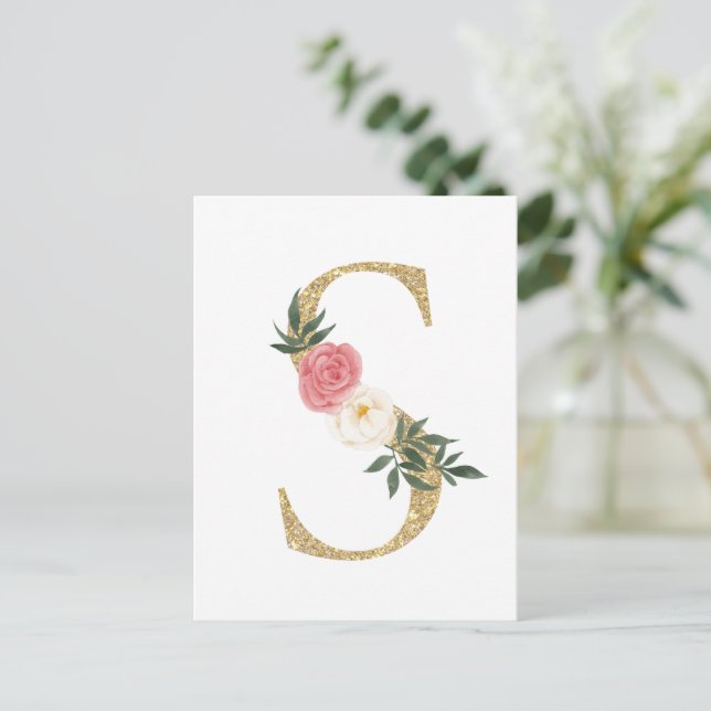 Cartão Postal Faux Gold Foil - Letra S Blush Monograma Floral (Em pé/Frente)