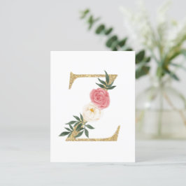 Cartão Postal Faux Gold Foil - Letra Z Monograma Floral Esmagado