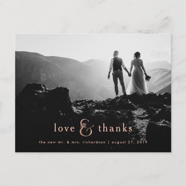 Cartão Postal Faux Rosa Dourada Ampersand | Foto Obrigado (Frente)