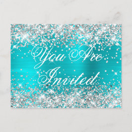 Cartão Postal Faux Silver Glitter Turquoise Azul Sweet Dezesseis