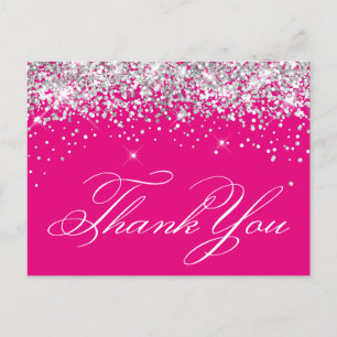 Cartão Postal Faux Sparkasse Silver Glitter Hot Pink Obrigado