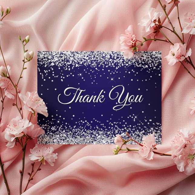 Cartão Postal Faux Sparkasse Silver Glitter Marinho Azul Obrigad (Faux Sparkly Silver Glitter Navy Blue Thank You Postcard)