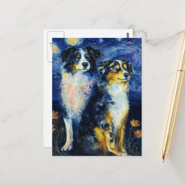 Cartão Postal Faux Van Gogh Two Austrailian Shepherds (Frente/Verso In Situ)