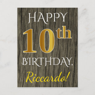 Cartão Postal Faux Wood, Faux Dourado 10º Aniversário + Nome P