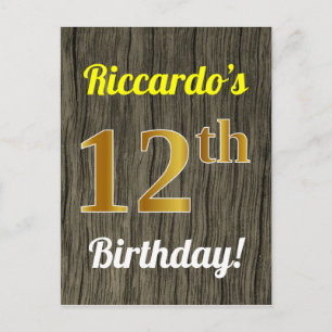 Cartão Postal Faux Wood, Faux Dourado 12 Birthday e nome persona