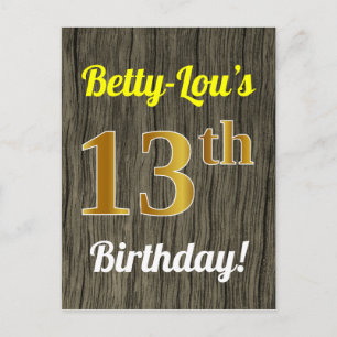 Cartão Postal Faux Wood, Faux Dourado 13 Birthday e nome persona