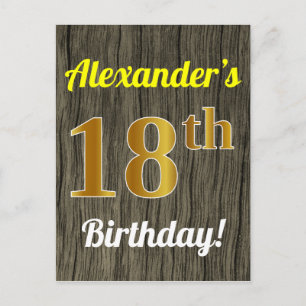 Cartão Postal Faux Wood, Faux Dourado 18º Aniversário e Nome Per