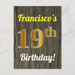 Cartão Postal Faux Wood, Faux Dourado 19º Aniversário e Nome Per