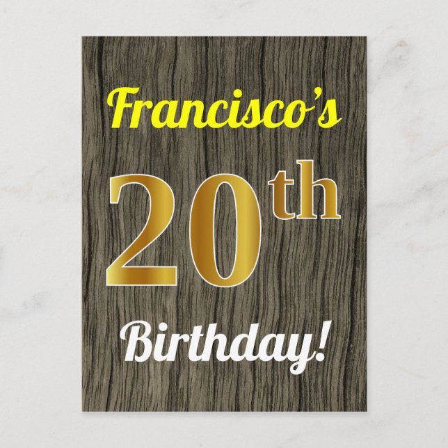 Cartão Postal Faux Wood, Faux Dourado 20 Birthday e nome persona (Frente)