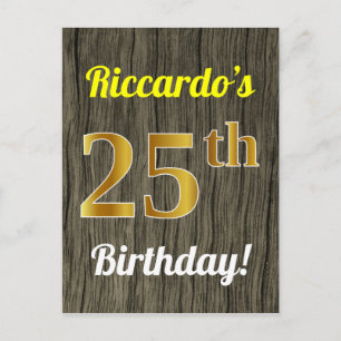 Cartão Postal Faux Wood, Faux Dourado 25 Birthday e nome persona