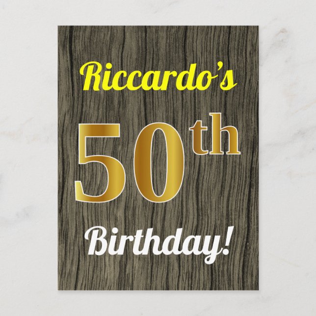 Cartão Postal Faux Wood, Faux Dourado 50º Aniversário e Nome Per (Frente)