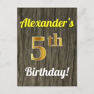 Cartão Postal Faux Wood, Faux Dourado 5 Birthday e nome personal
