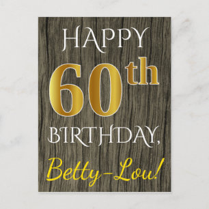 Cartão Postal Faux Wood, Faux Dourado 60º Aniversário + Nome Per