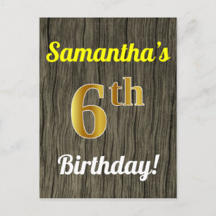 Cartão Postal Faux Wood, Faux Dourado 6 Birthday e nome personal