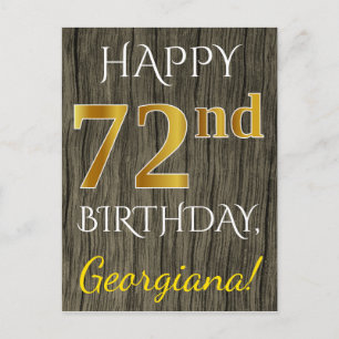 Cartão Postal Faux Wood, Faux Dourado 72º Aniversário + Nome P