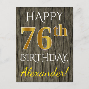Cartão Postal Faux Wood, Faux Dourado 76.o aniversário + nome pe