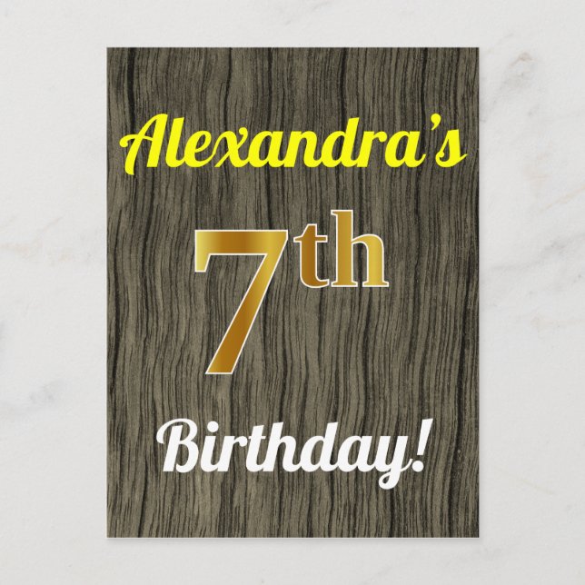 Cartão Postal Faux Wood, Faux Dourado 7 Birthday e nome personal (Frente)