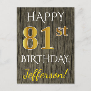 Cartão Postal Faux Wood, Faux Dourado 81rua Birthday + Nome Pers
