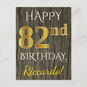 Cartão Postal Faux Wood, Faux Dourado 82º Aniversário + Nome Per