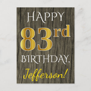 Cartão Postal Faux Wood, Faux Dourado 83º Aniversário + Nome P