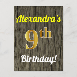 Cartão Postal Faux Wood, Faux Dourado 9º aniversário e nome pers