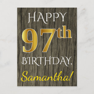 Cartão Postal Faux Wood, Faux Dourado 97.º Aniversário + Nome Pe