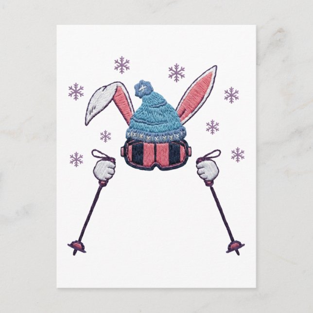 Cartão Postal Faux yarn skiing rabbit winter humor (Frente)