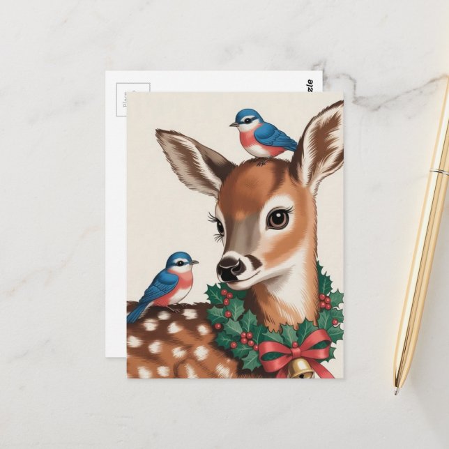 Cartão Postal Fawn de Natal Vintage (Frente/Verso In Situ)
